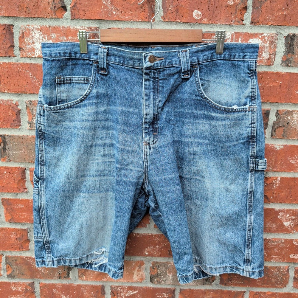Wrangler Carpenter Shorts Mens 39 Blue Denim Distressed Workwear Utility